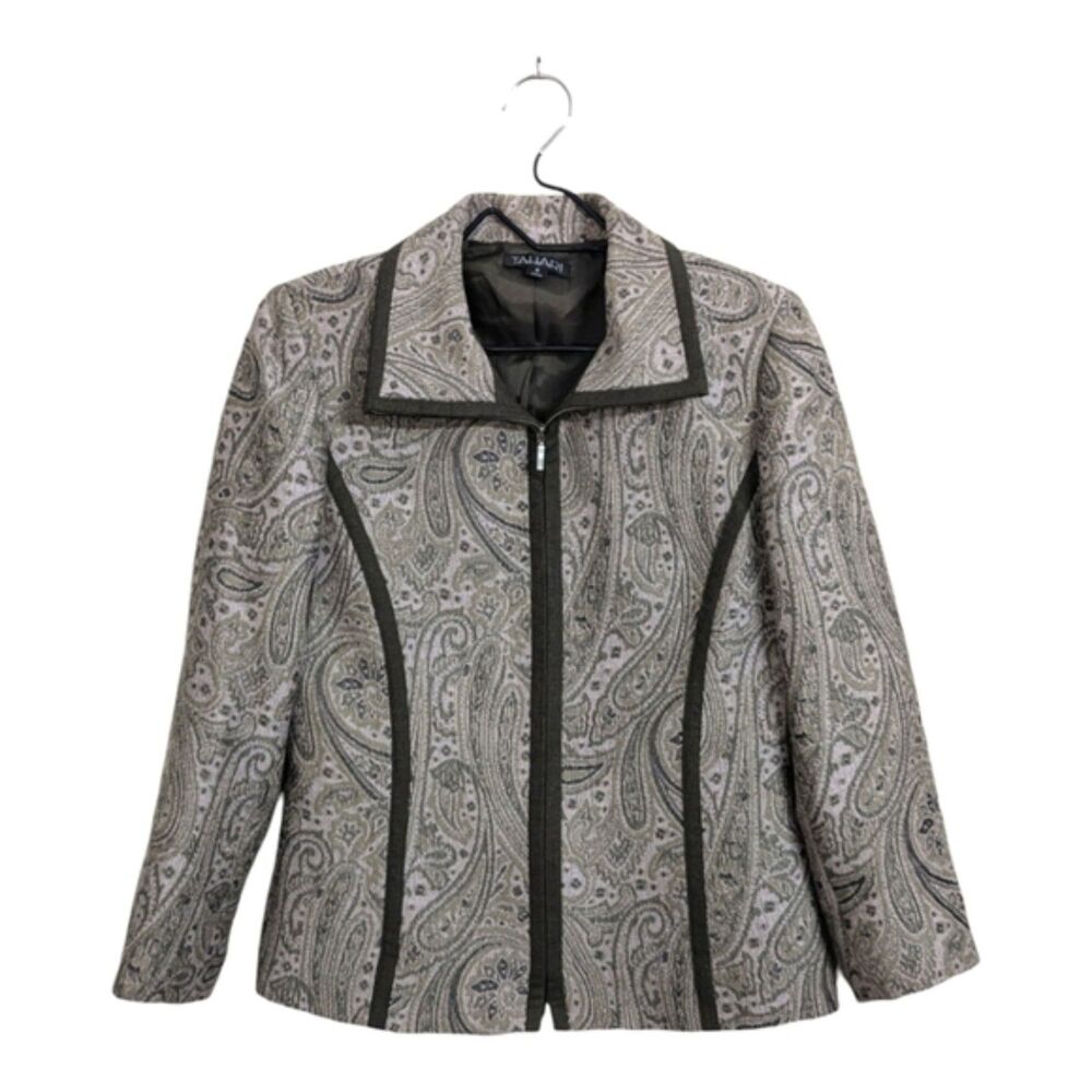Tahari Wool Cotton Blend Textured Brown Pink Paisley Full Zip Jacket Collared 8